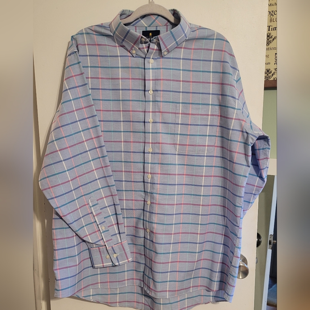 Stafford Men's Light Blue and Pink Plaid Shirt